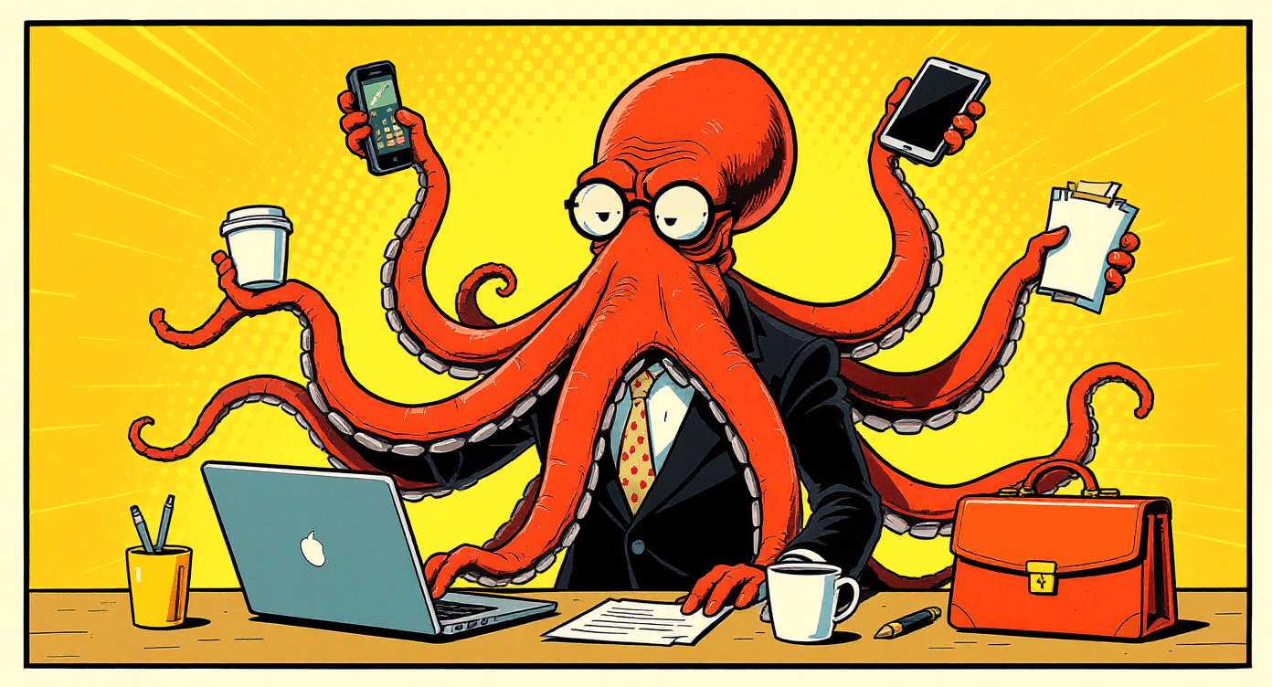 Retro vector of octopus marketer juggling multiple client tasks with eight arms representing agency multi-client management chaos