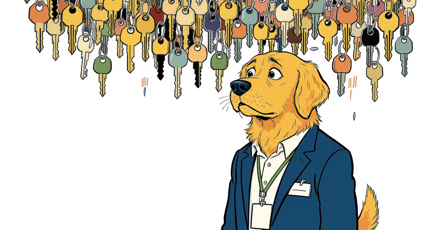 Retro vector illustration of real estate agent overwhelmed by avalanche of property keys representing endless viewing requests for property professionals