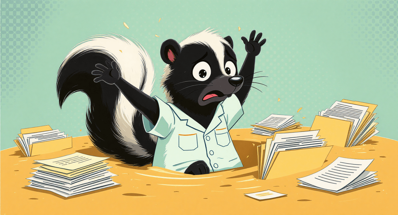 Retro vector of medical records staff sinking in quicksand of patient files representing overwhelming documentation burden for healthcare admin