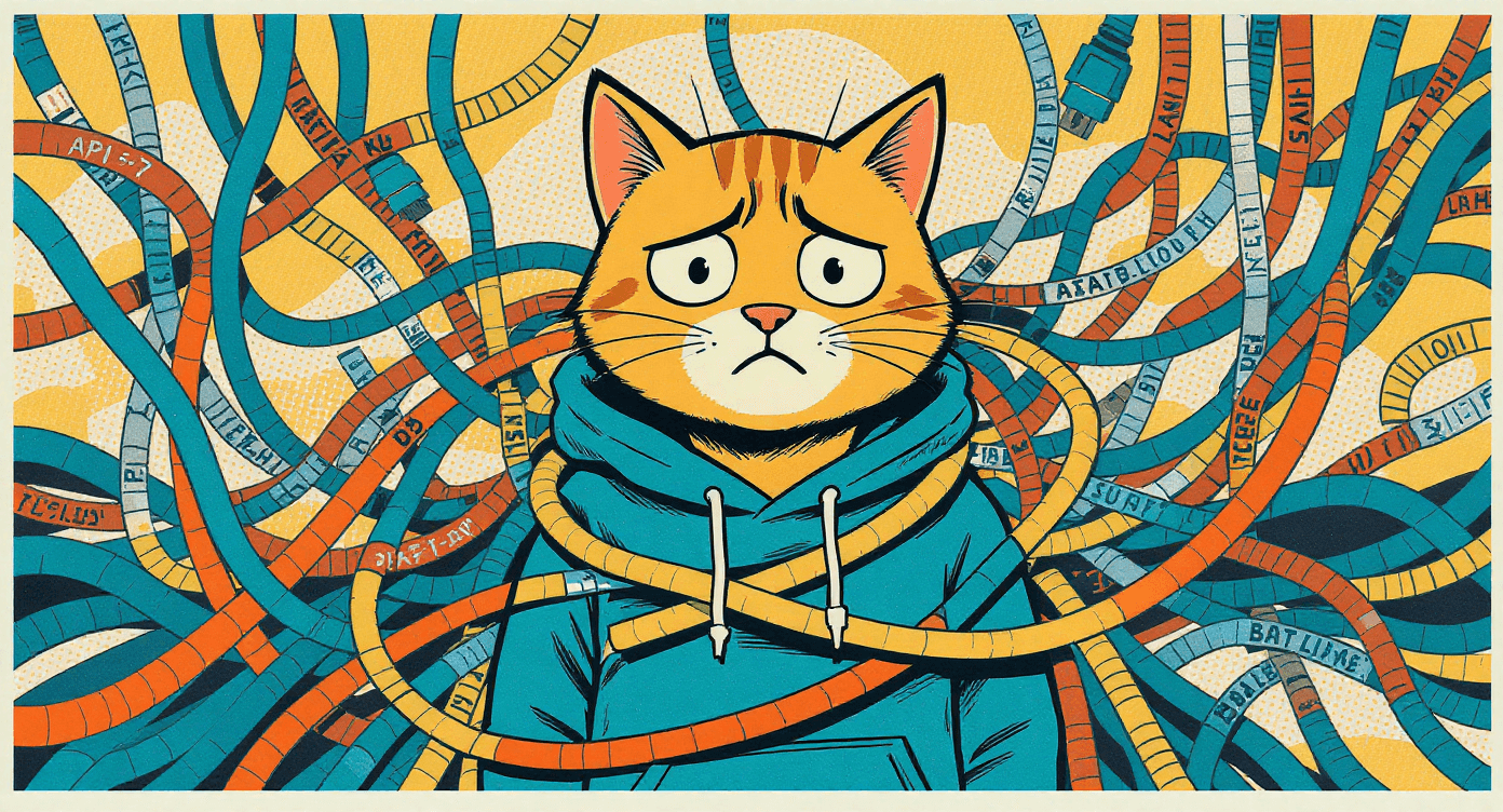 Retro vector of startup founder tangled in spaghetti wires representing complex API integration challenges for SaaS tech companies