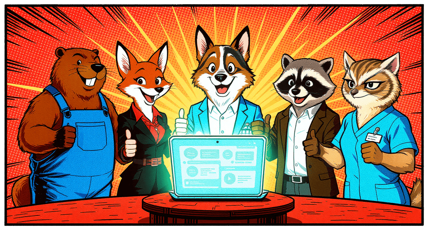 Flat vector group of five professionals in work uniforms celebrating mastery of AI prompts with laptop showing organised chat interface