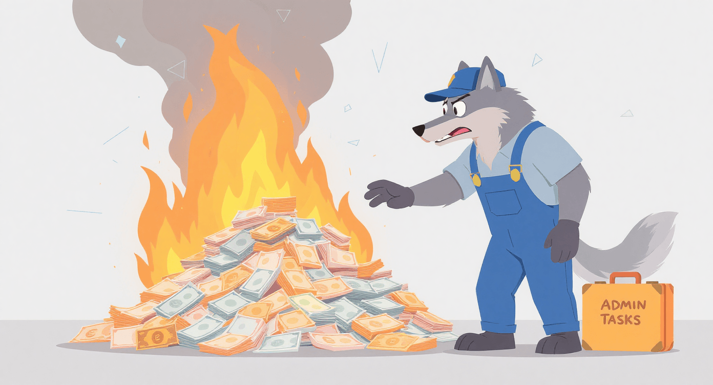 Modern illustration of plumber watching £12,000 in cash burn away representing invisible admin tax and lost revenue for UK tradespeople