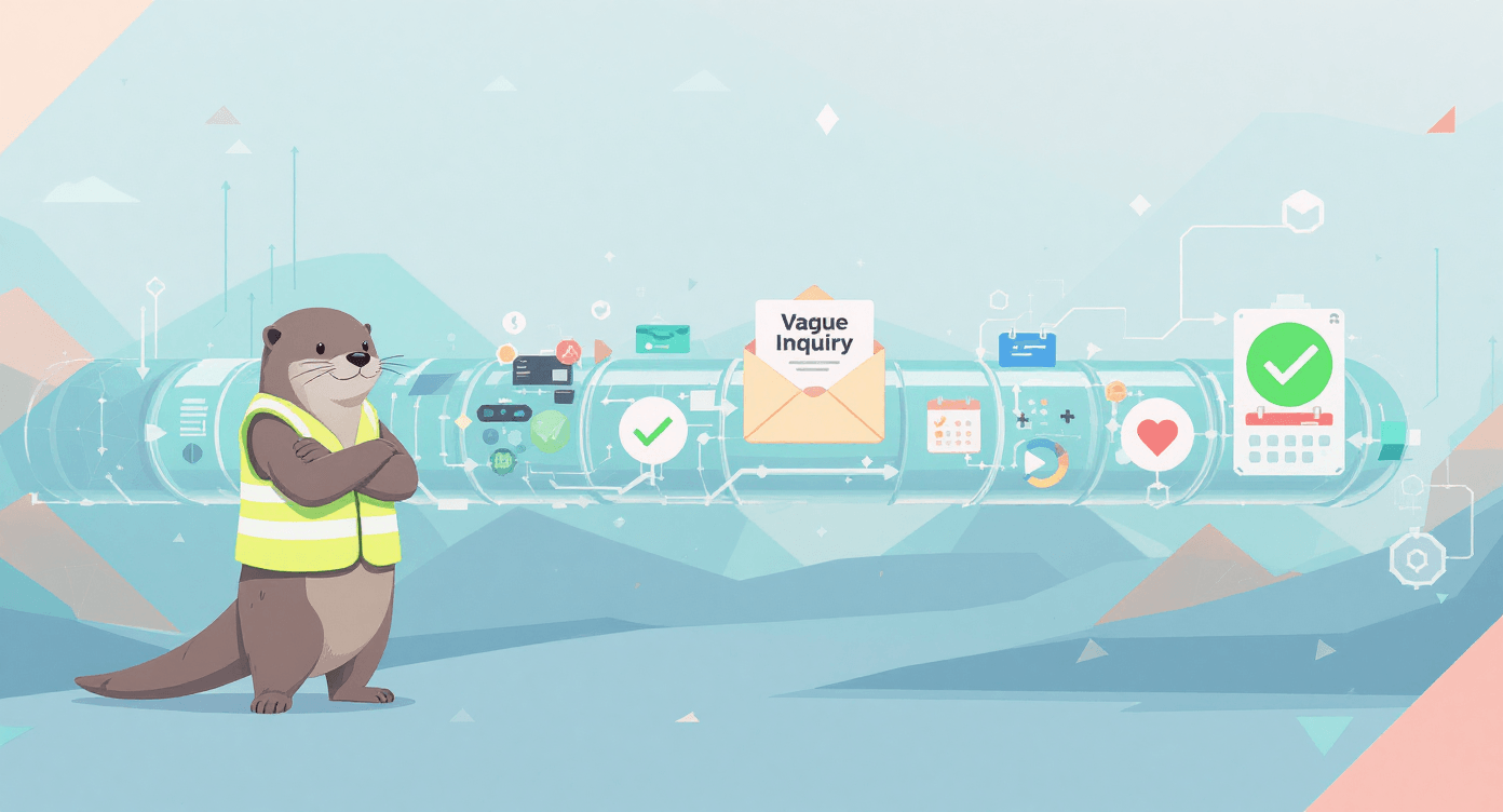 Modern illustration showing inquiry flowing through automated AI pipeline transforming into confirmed booking for tradespeople business system