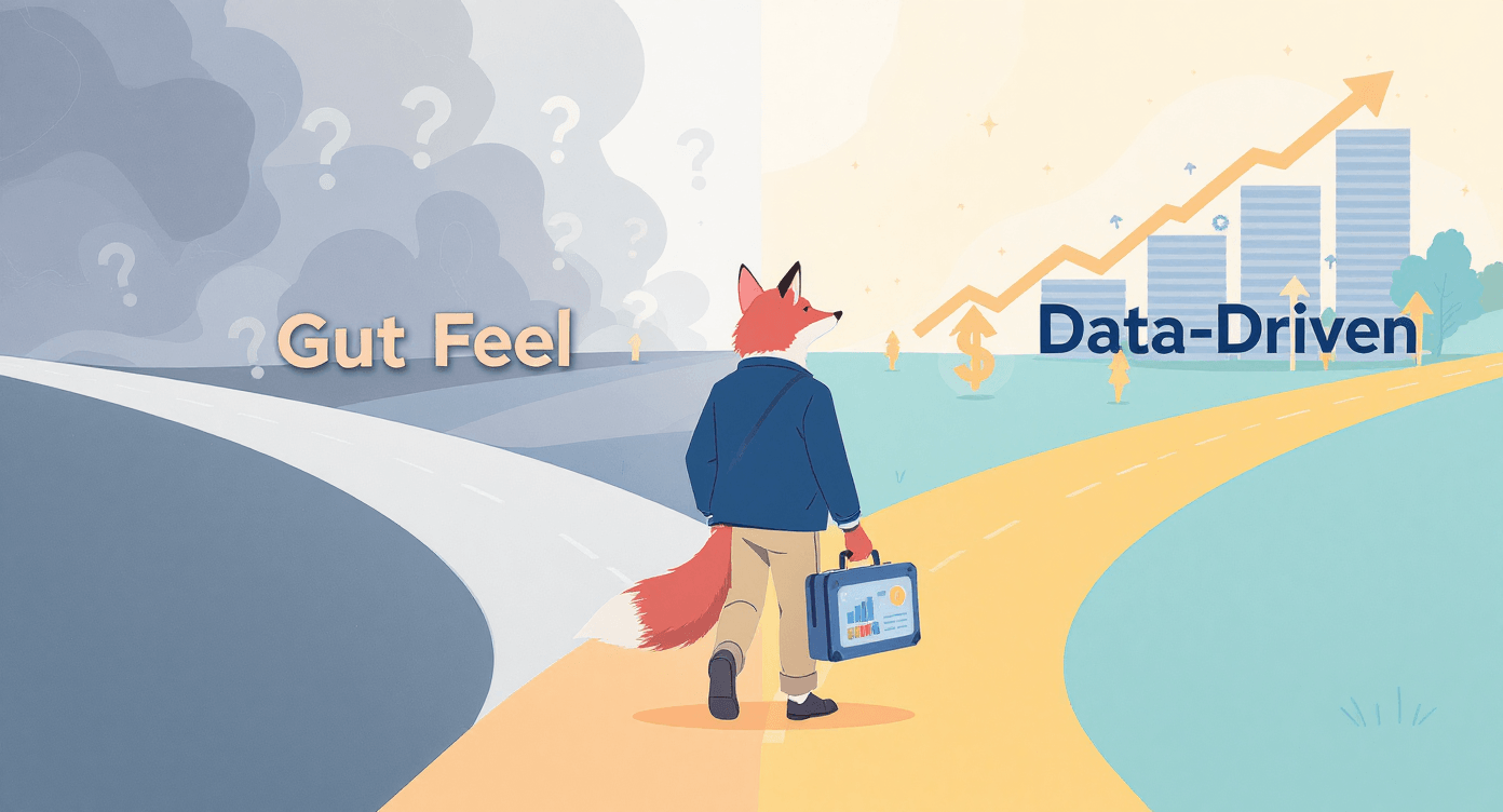 Modern illustration of tradesperson choosing data-driven path over gut feeling showing transformation to profit analytics for trades businesses