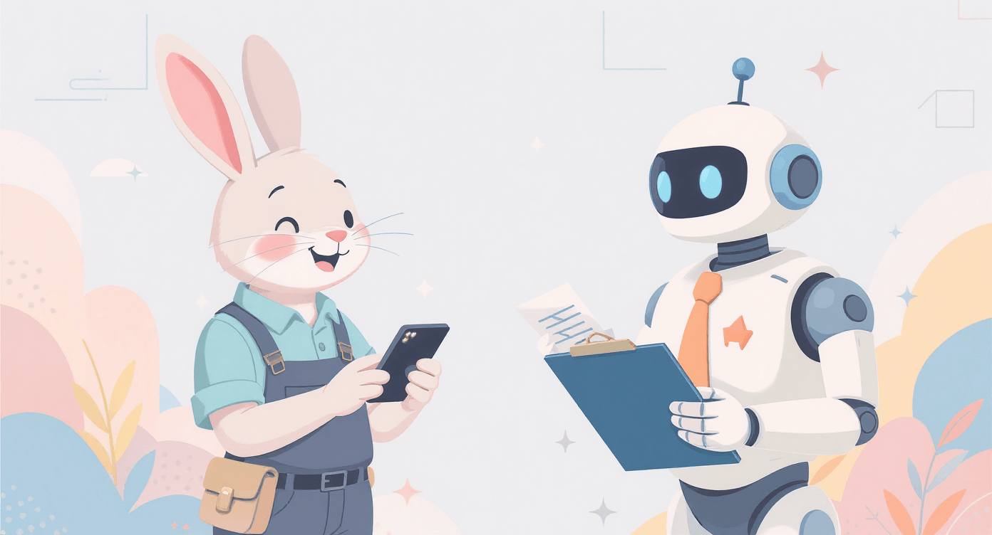 Modern illustration of tradesperson relaxed while AI robot assistant handles payment reminders representing automated invoice chasing for contractors