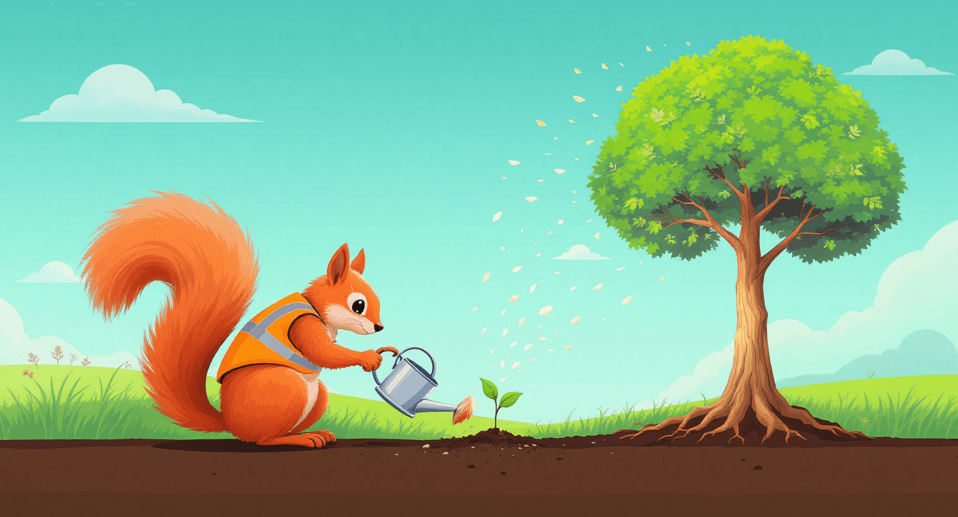 Modern illustration of tradesperson planting review seed growing into tree full of five-star ratings representing cultivated systematic review generation