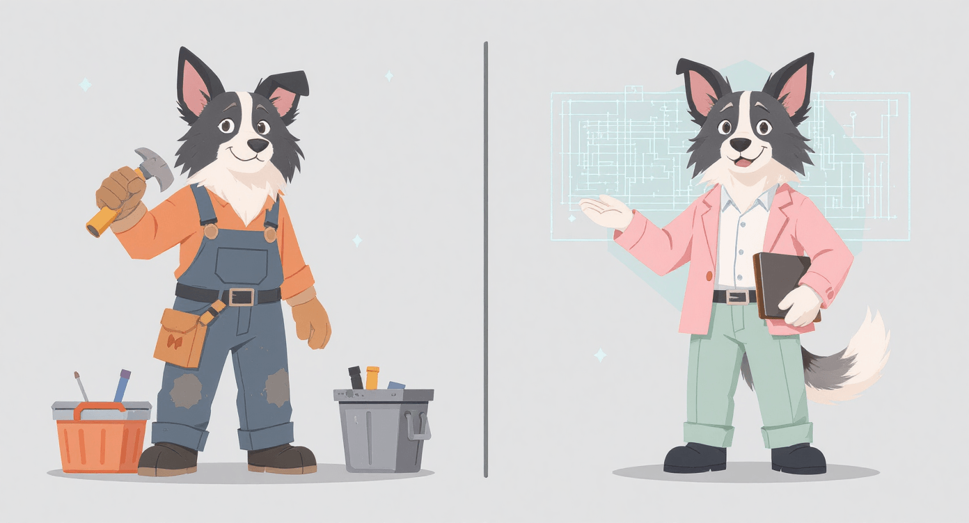 Modern illustration showing tradesperson transformation from manual worker to business systems architect with strategic overview and automation