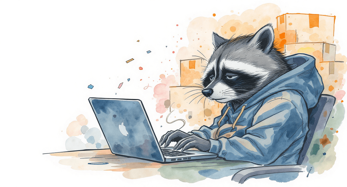 Ink and watercolor illustration of bored e-commerce seller scrolling through endless identical generic product listings representing marketplace sameness