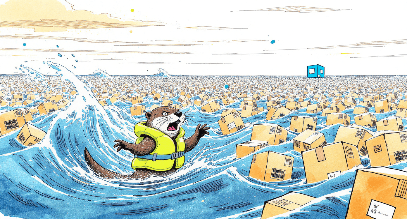 Ink and watercolor comic illustration of e-commerce seller drowning in ocean of identical shipping boxes representing bland marketplace sameness