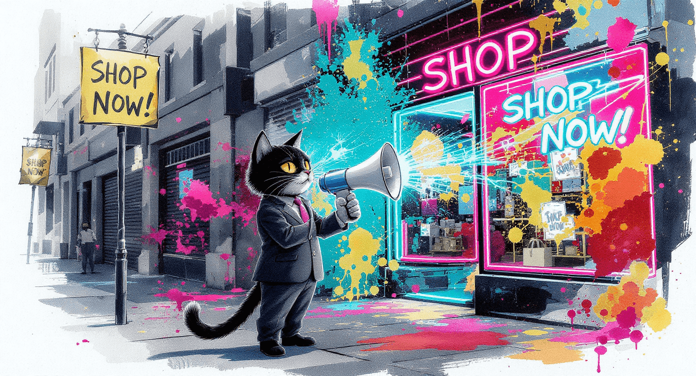 Ink and watercolor illustration of bright neon e-commerce shop standing out on street of identical grey competitor stores representing market differentiation