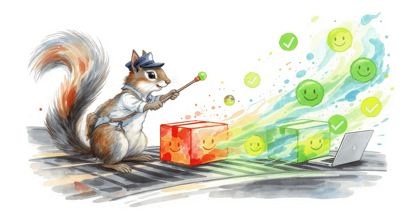 Ink and watercolor comic showing e-commerce seller redirecting return packages into satisfied customers through clear AI-generated product descriptions