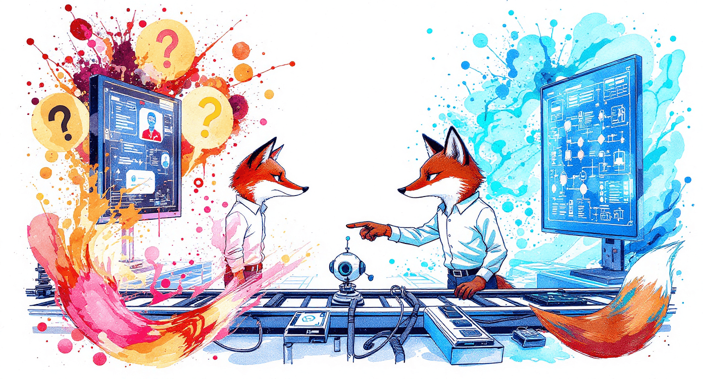 Ink and watercolor illustration showing transformation from casual AI chatting to structured logic engine with systematic blueprint approach for business results