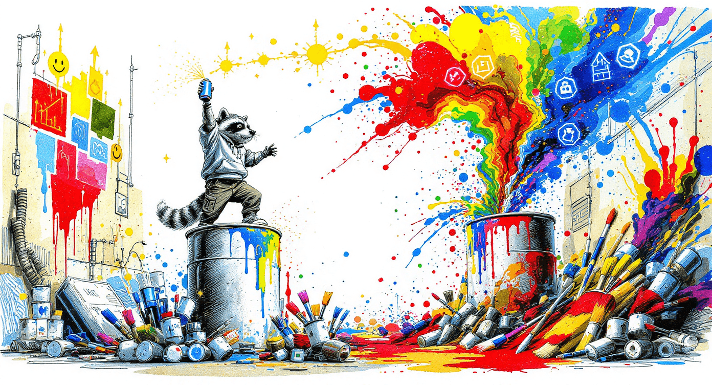 Ink and watercolor illustration of raccoon e-commerce rebel spraying vibrant colors over bland marketplace representing anti-bland automation revolution victory