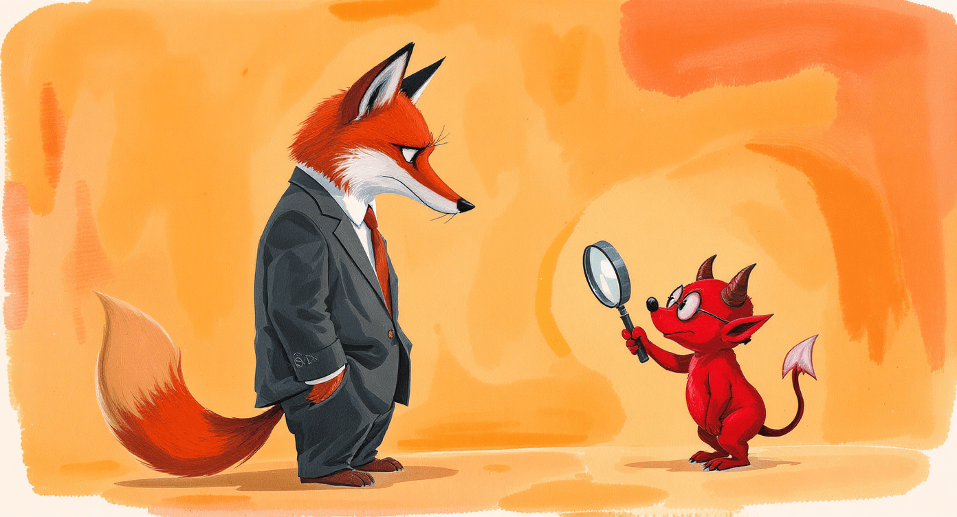 Contemporary storybook illustration of consultant with friendly devil character auditing business offer critically representing AI-powered offer analysis tool