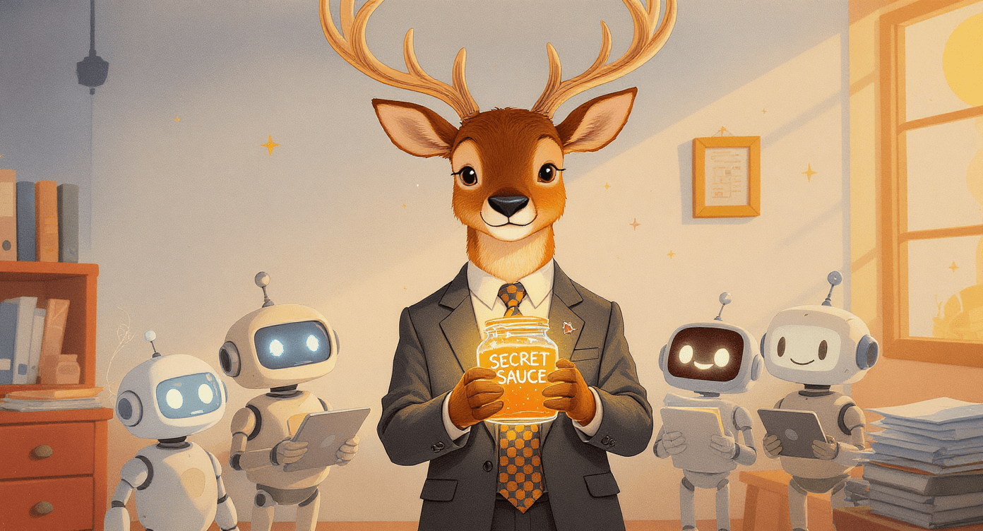 Contemporary storybook illustration of coach holding expertise secret sauce jar while AI robot assistants handle administrative tasks representing collaboration not replacement