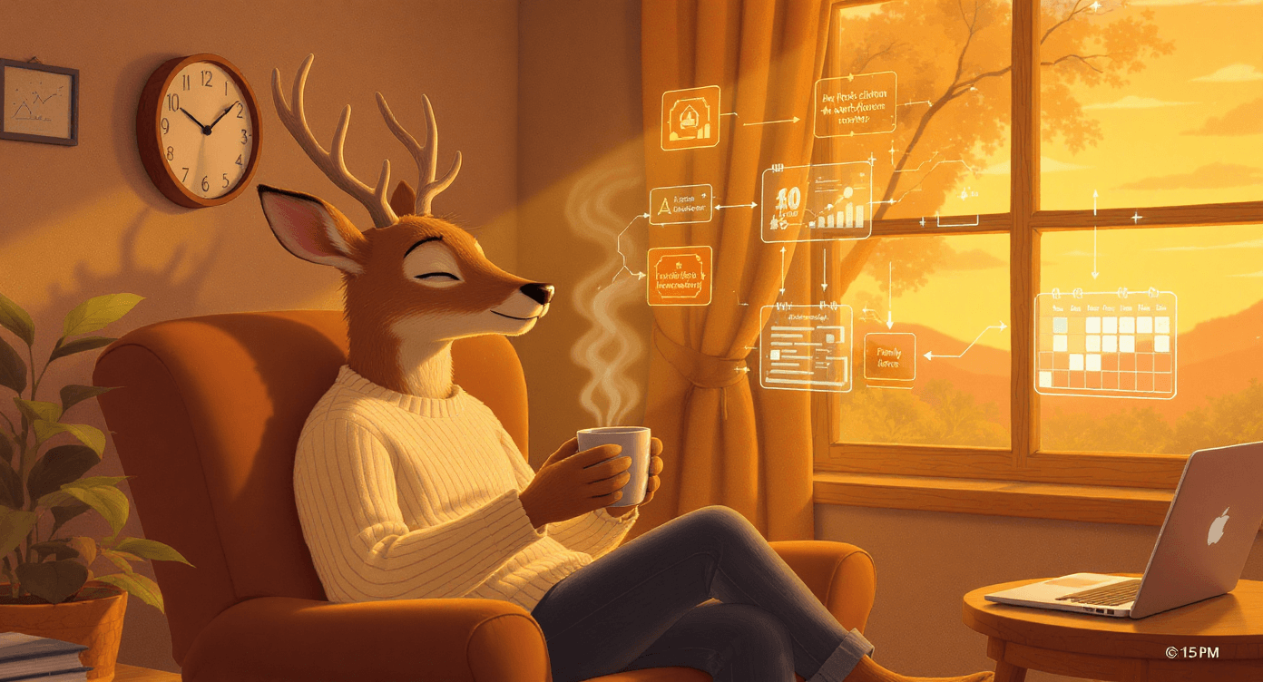 Contemporary storybook illustration of relaxed coach enjoying peaceful evening while automated business systems serve clients representing achieved work-life balance and scaled expertise