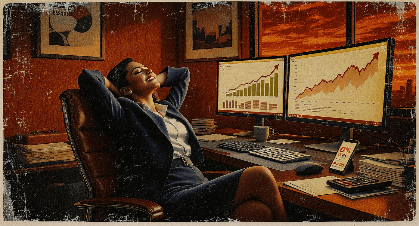 Vintage pulp illustration of successful female entrepreneur relaxing at desk with profitable high-converting ad campaigns running representing advertising mastery achieved