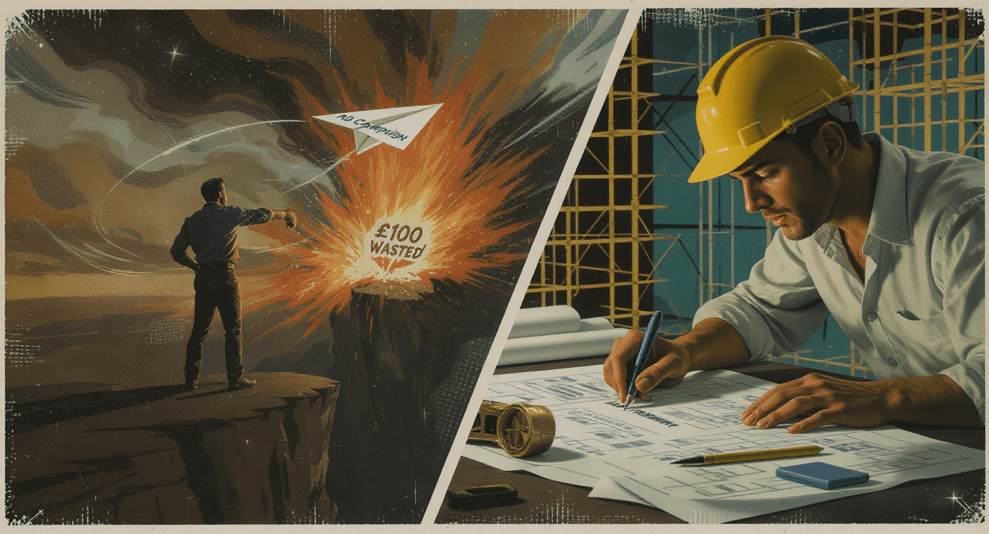 Vintage pulp illustration comparing casual whim-based ad approach crashing versus structured strategic ad framework succeeding showing cause of failure