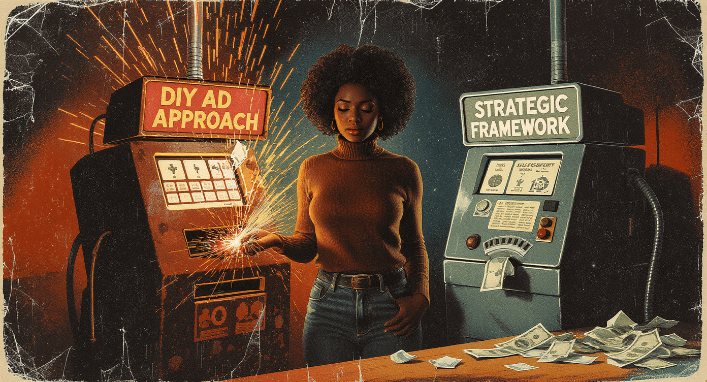 Vintage pulp illustration comparing broken DIY ad machine wasting money versus strategic framework machine producing results showing method not budget determines success