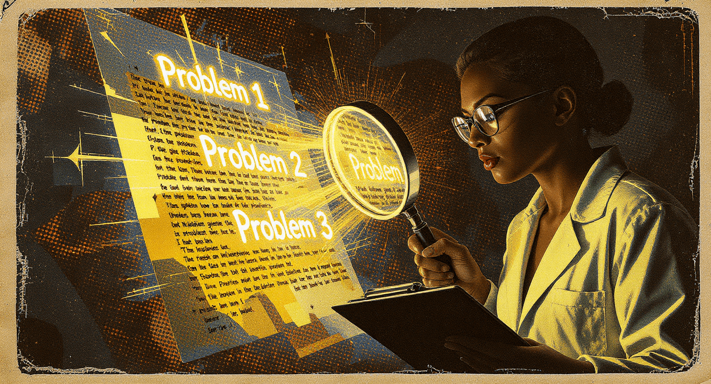 Vintage pulp detective illustration of consultant using magnifying glass extracting hidden customer pain points from research representing AI analysis tool