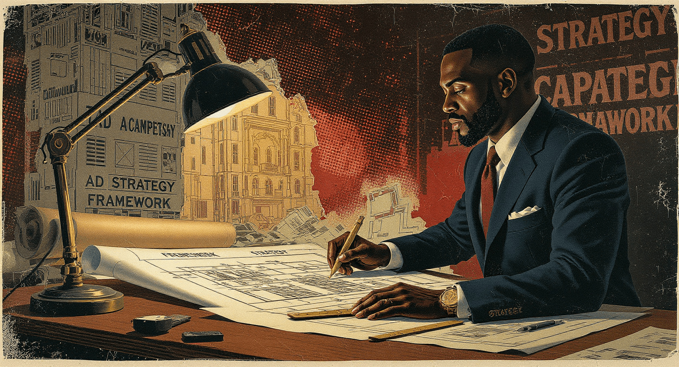 Vintage pulp illustration of logic architect consultant examining strategic ad blueprints with failed unplanned campaigns crumbling in background showing importance of foundation