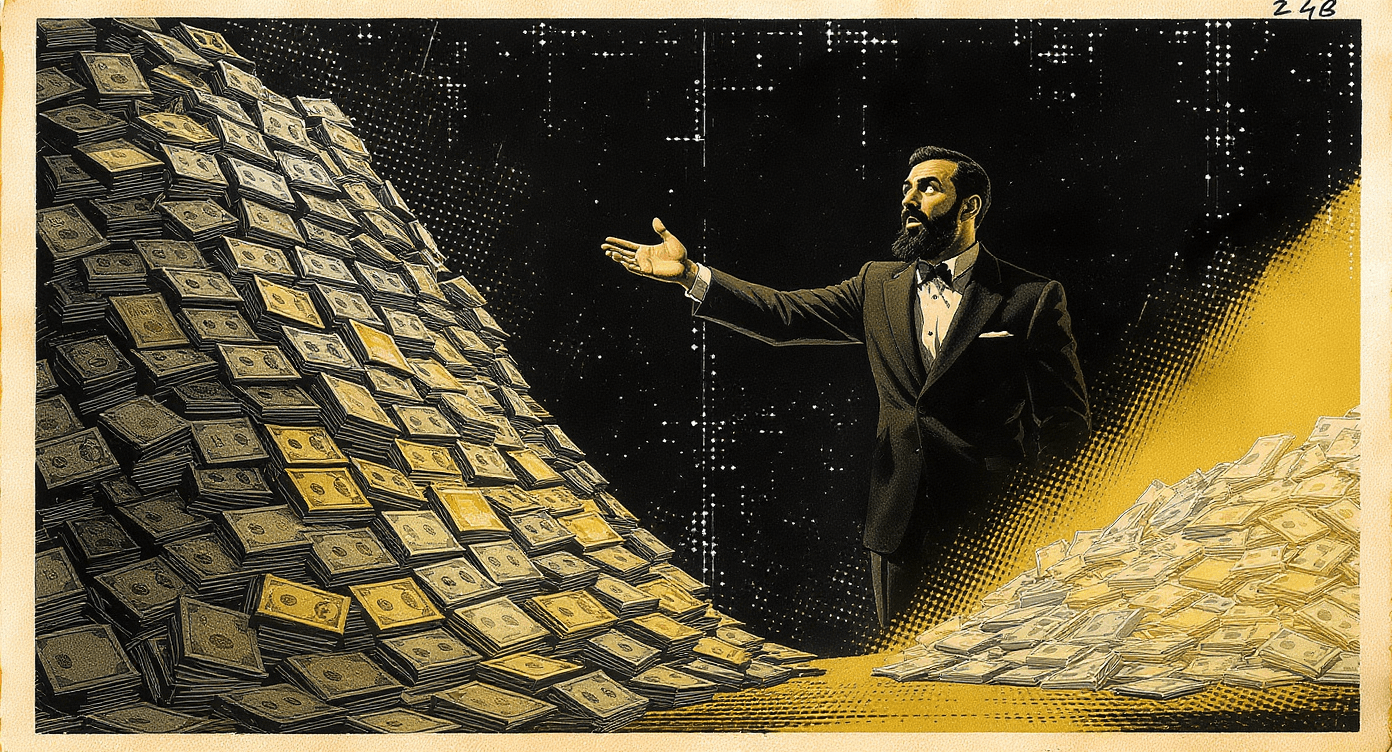 Vintage pulp illustration of business owner between massive money pile and tiny money pile representing traditional advertising costs versus AI tool pricing comparison