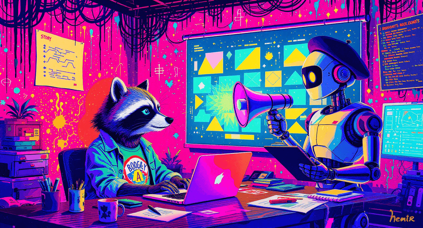 Memphis Design illustration of content creator raccoon with AI robot as creative director giving guidance representing elevated AI partnership role