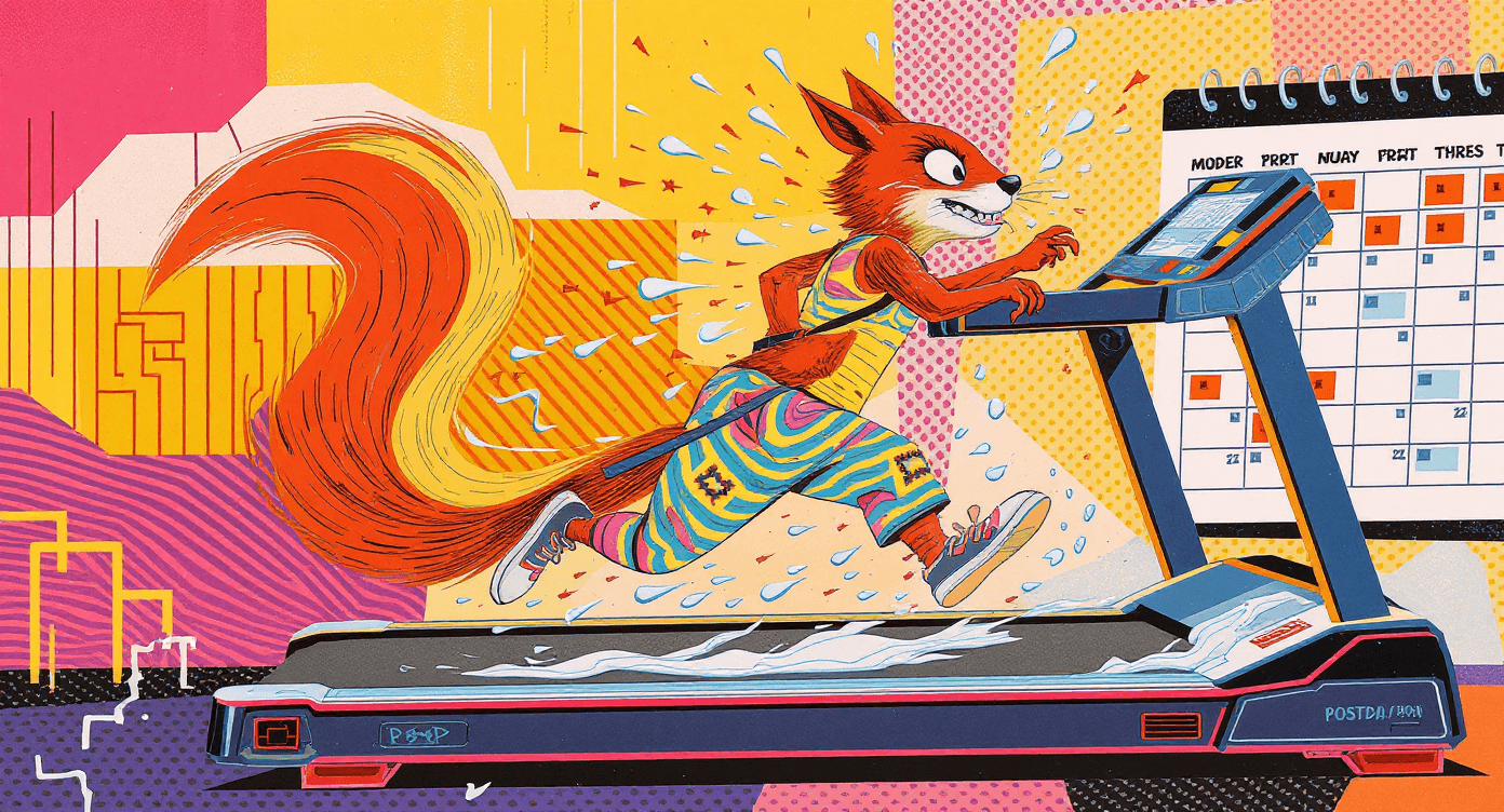 Memphis Design illustration of exhausted content creator squirrel running on treadmill of endless content demands representing creator burnout and overwhelm