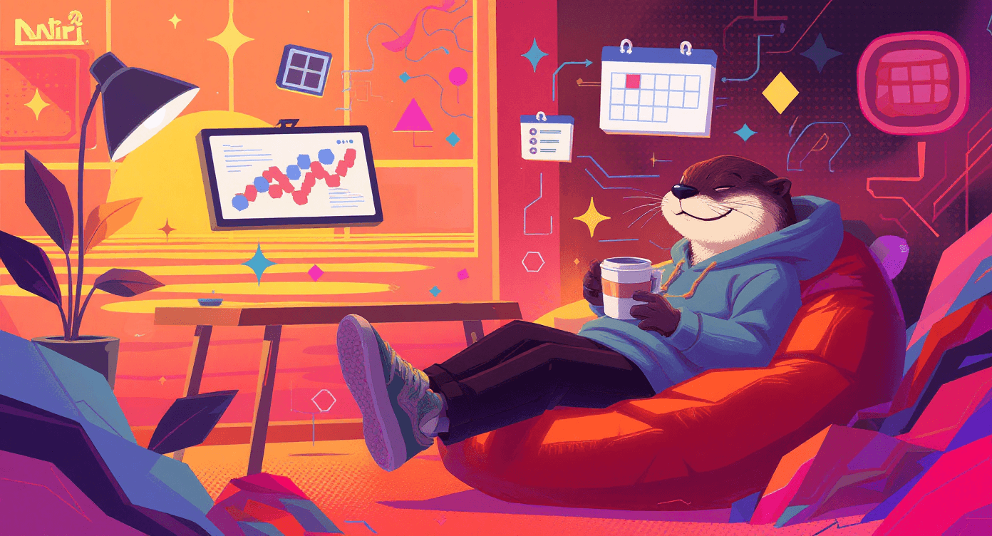Memphis Design illustration of relaxed otter content creator enjoying downtime while automated repurposing systems publish content representing achieved creative freedom