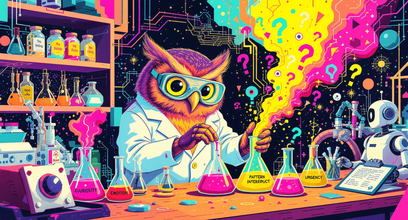 Memphis Design illustration of owl content creator as scientist in lab mixing hook elements representing systematic attention-grabbing content creation process