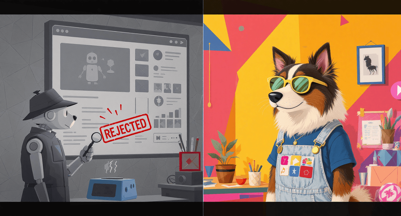 Memphis Design illustration of content creator dog with AI inspector auditing robotic versus authentic tone representing anti-bot personality quality control system