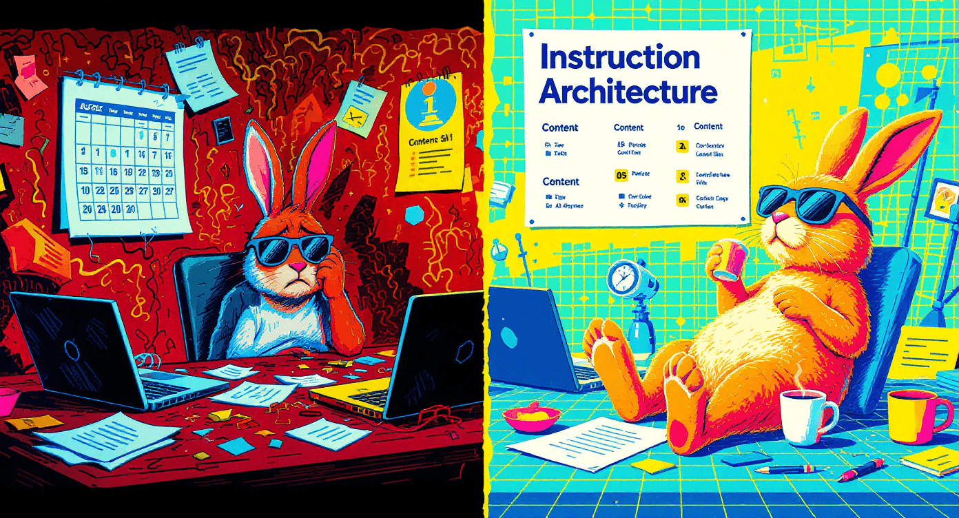 Memphis Design illustration comparing exhausted rabbit manually creating content versus relaxed systematic approach with instruction architecture blueprint showing consistency methods