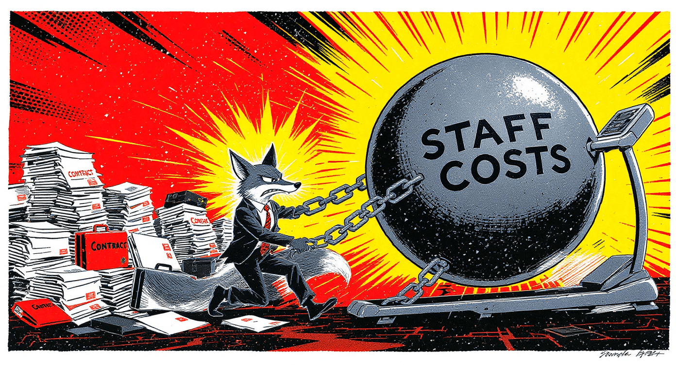 Screenprint poster illustration of agency owner fox chained to staff costs weight representing service slavery and profit eaten by hiring expenses