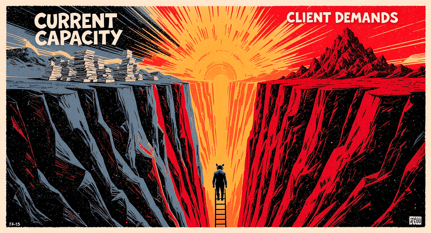 Screenprint poster illustration of agency manager raccoon at edge of efficiency gap between limited capacity and overwhelming client demands