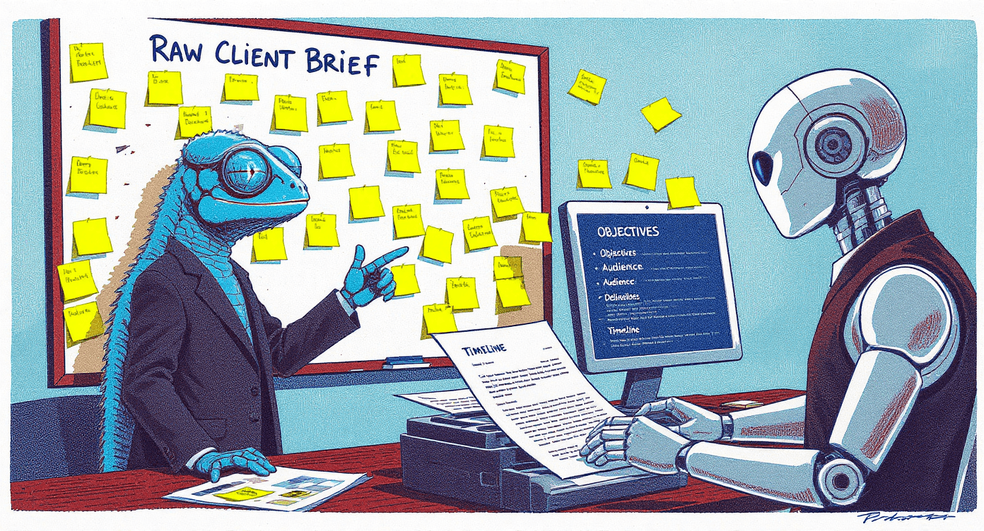 Screenprint poster illustration of creative chameleon with AI robot assistant transforming messy client brief into organised structured creative document