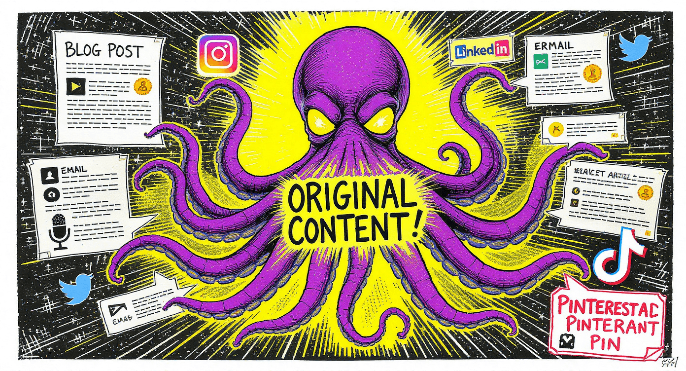 Screenprint poster illustration of octopus content strategist with eight tentacles holding different content formats representing simultaneous multi-platform repurposing system