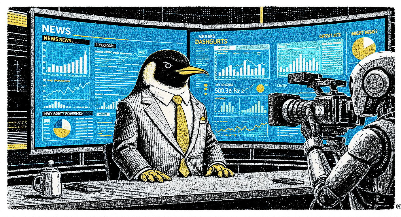 Screenprint poster illustration of penguin news reporter presenting data insights on screen representing AI-powered professional reporting system