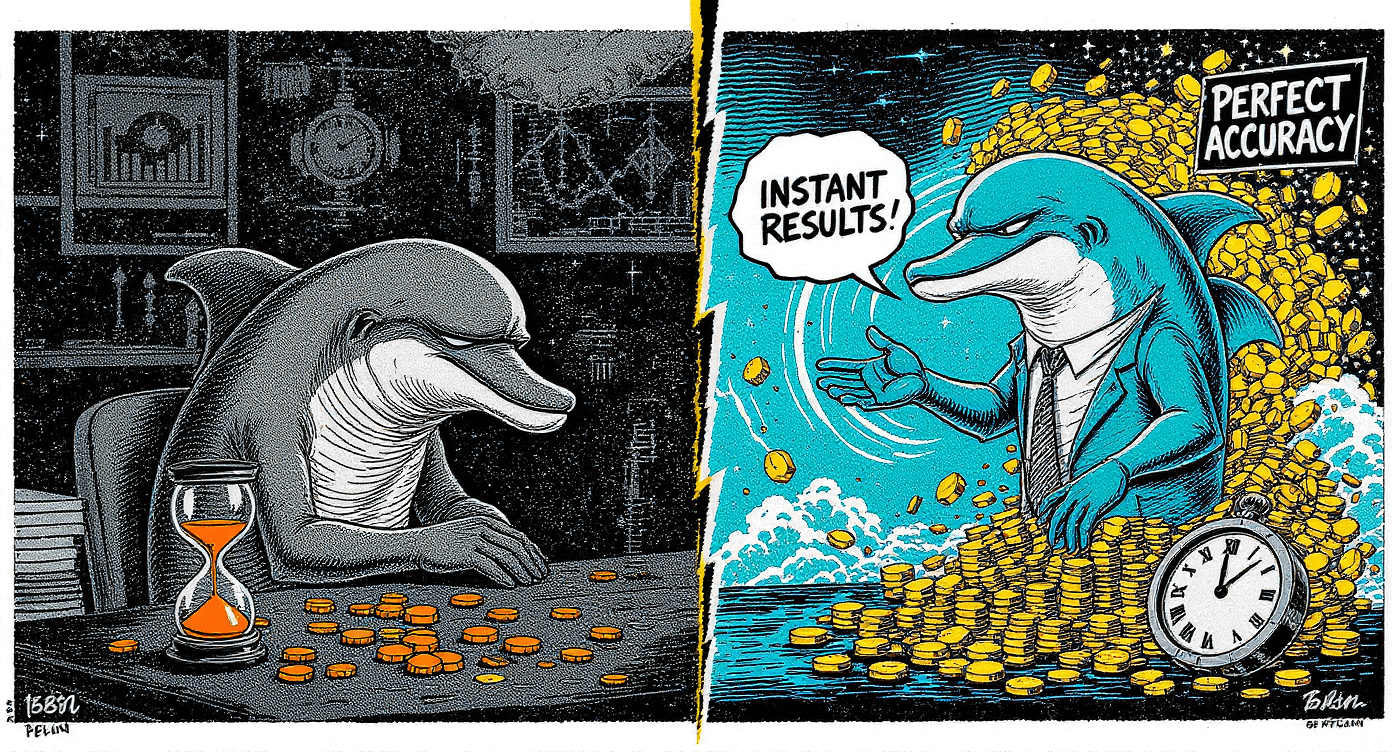 Screenprint poster illustration of dolphin agency owner transformation from selling time by hour to selling systematic results representing business model shift