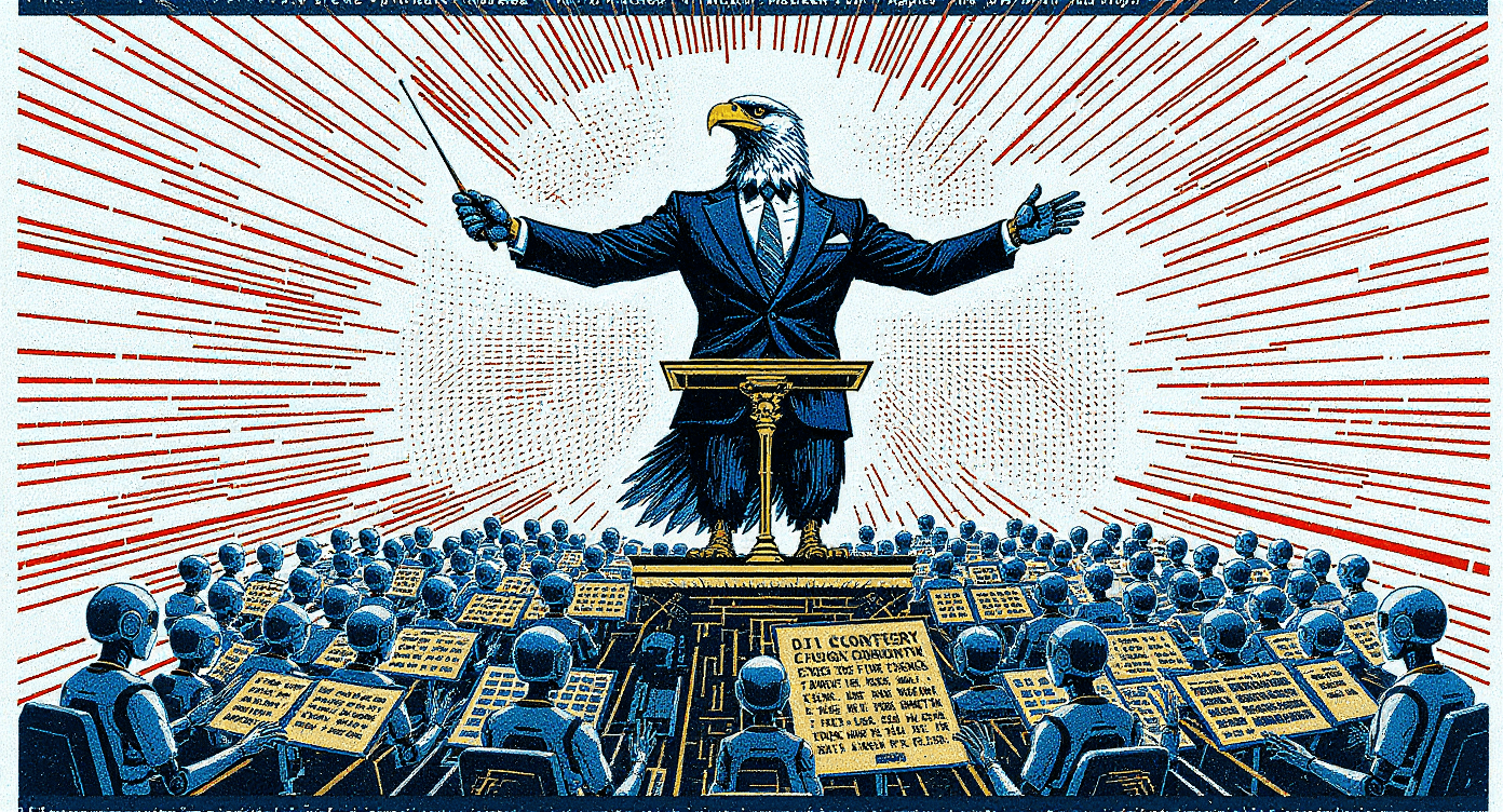 Screenprint poster illustration of eagle agency director conducting orchestra of AI systems representing strategic leadership over automated workflow