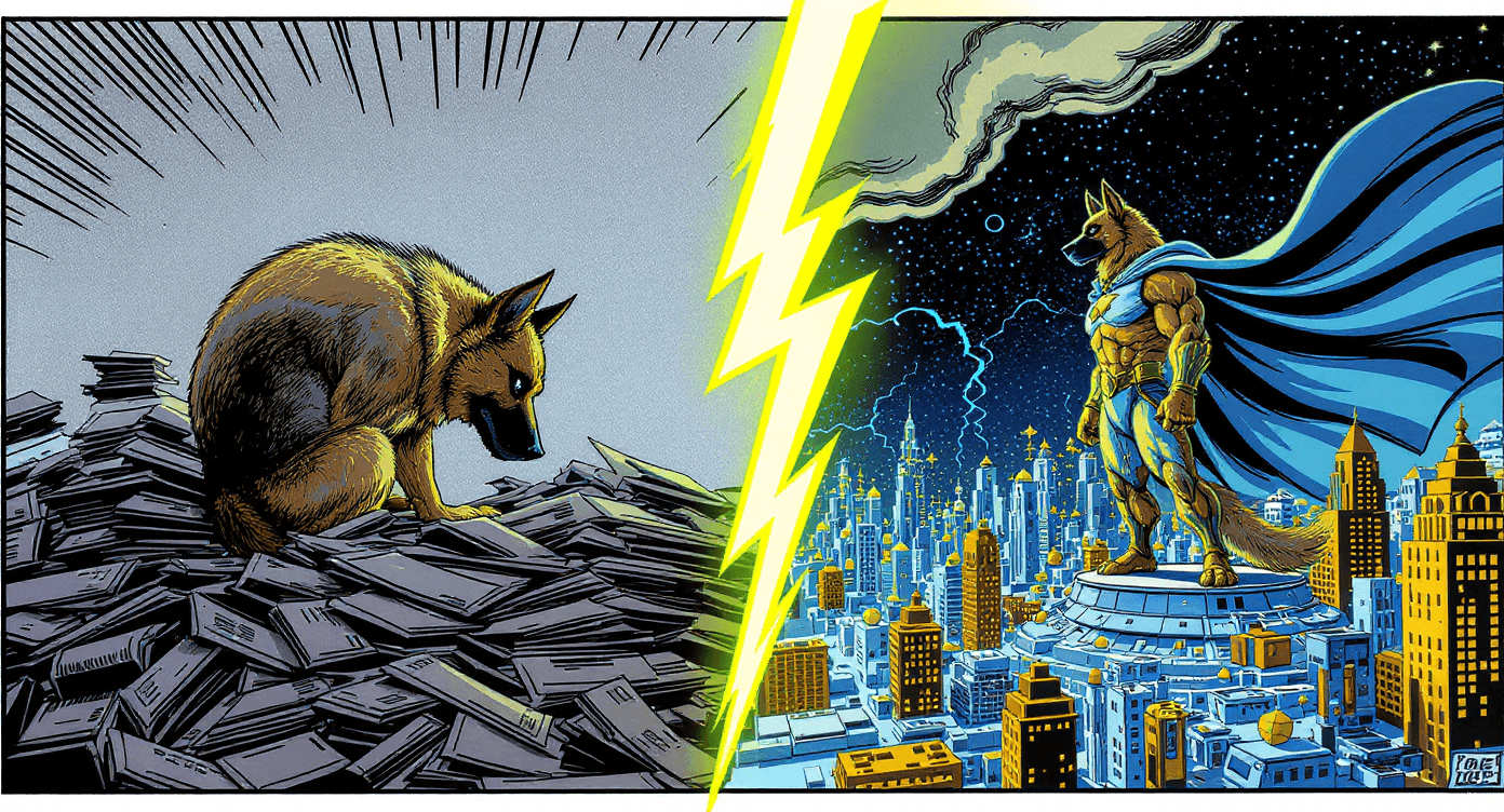 Silver Age comic illustration showing real estate agent transformation from buried paper-pusher to elevated logic architect overlooking organised territory