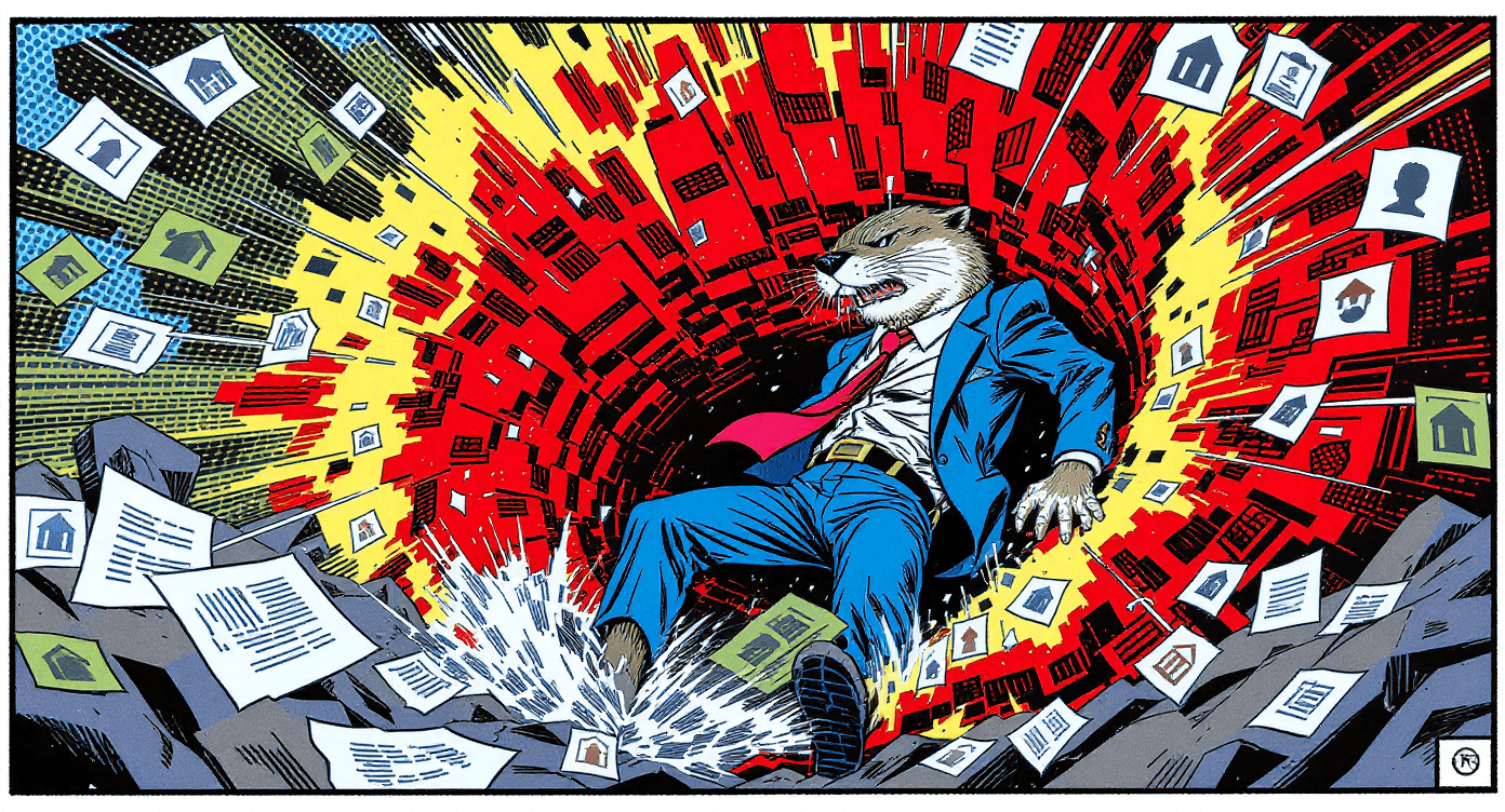 Silver Age comic illustration of otter real estate agent straining to hold back dam of property deals with only trickle getting through bottleneck