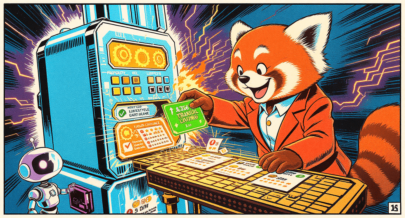 Silver Age comic illustration of red panda real estate agent with lifestyle matching machine converting desires into perfect property listings systematically