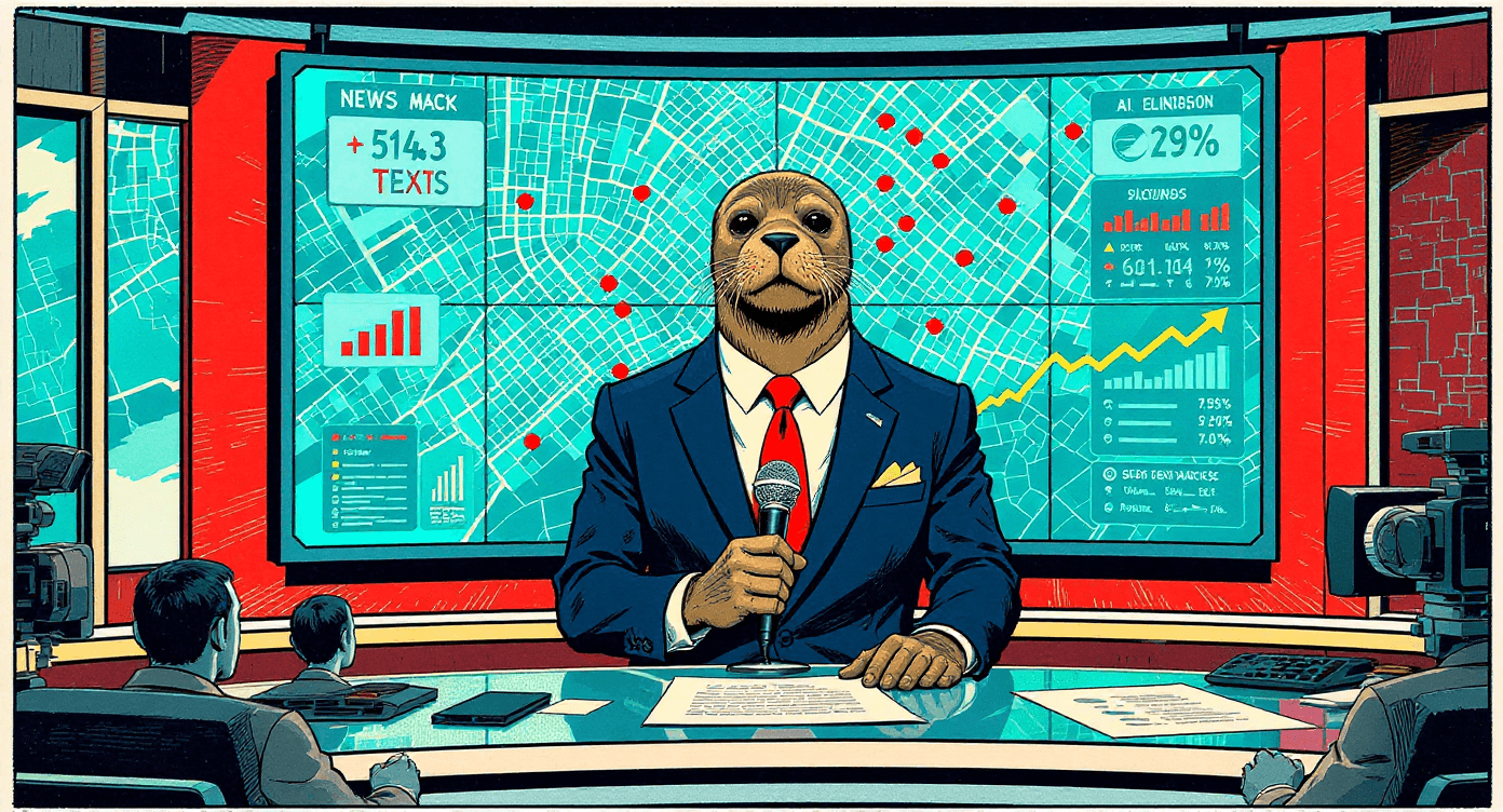 Silver Age comic illustration of seal real estate agent as local authority broadcasting market report data to attentive community audience with AI assistance