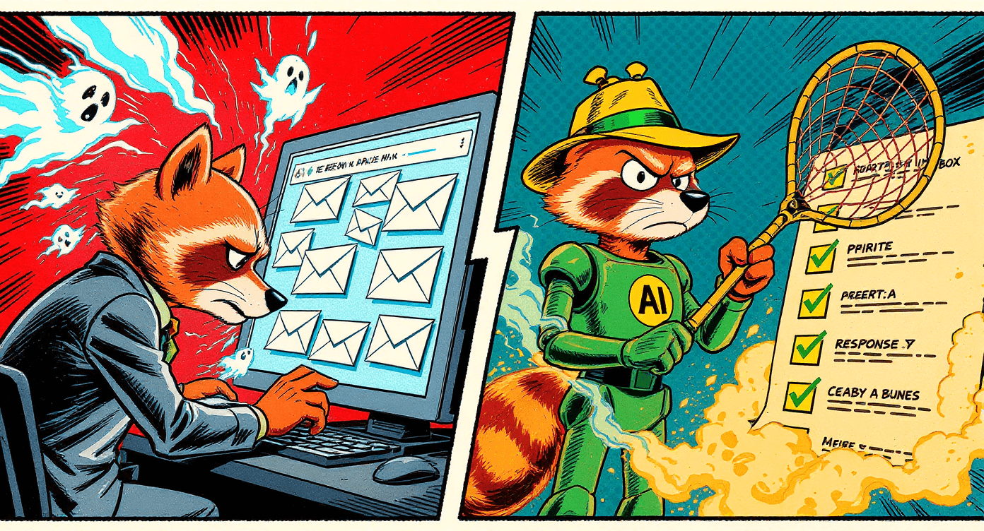 Silver Age comic illustration of raccoon real estate agent with ghost leads escaping inbox versus AI assistant capturing and converting them to responses