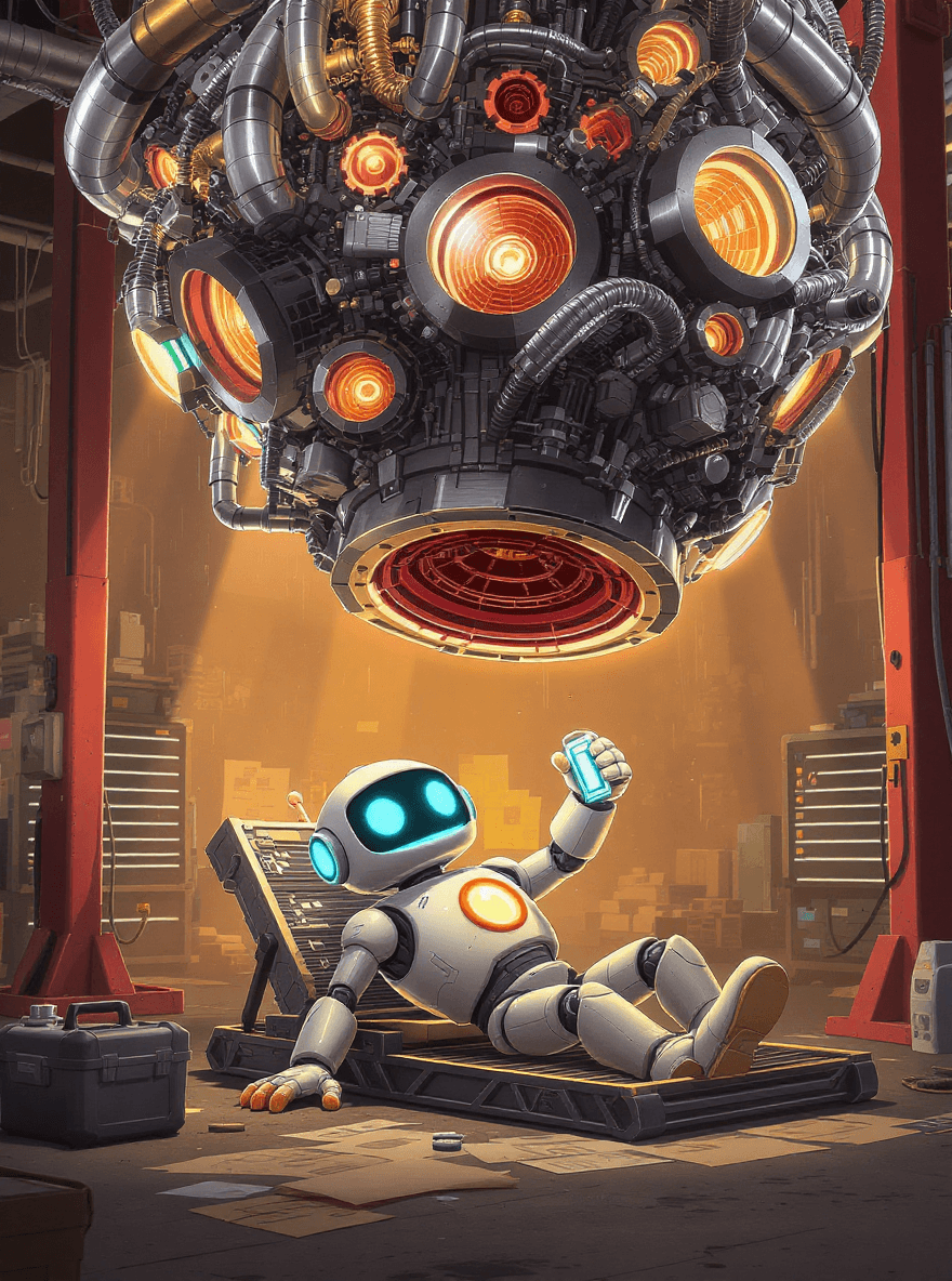 Robot working underneath a giant engine representing the detailed behind the scenes work of building powerful AI automation systems and workflows for small business owners