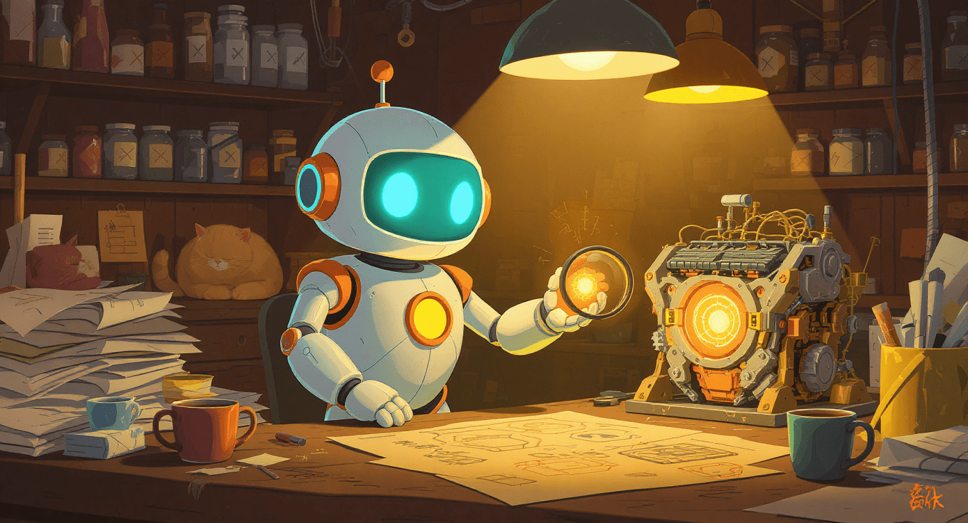 Robot carefully building a precision engine at an inventor's workbench representing the detailed process of constructing effective AI automation systems and workflows for small business owners