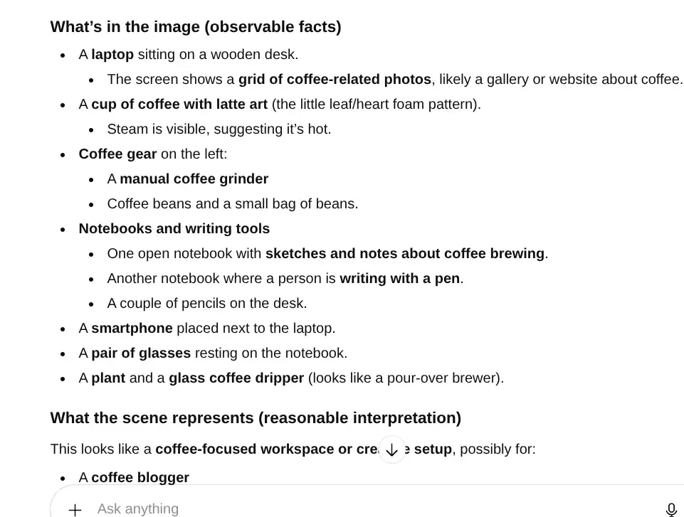 ChatGPT responding with a detailed description of a desk photo showing how AI image recognition works