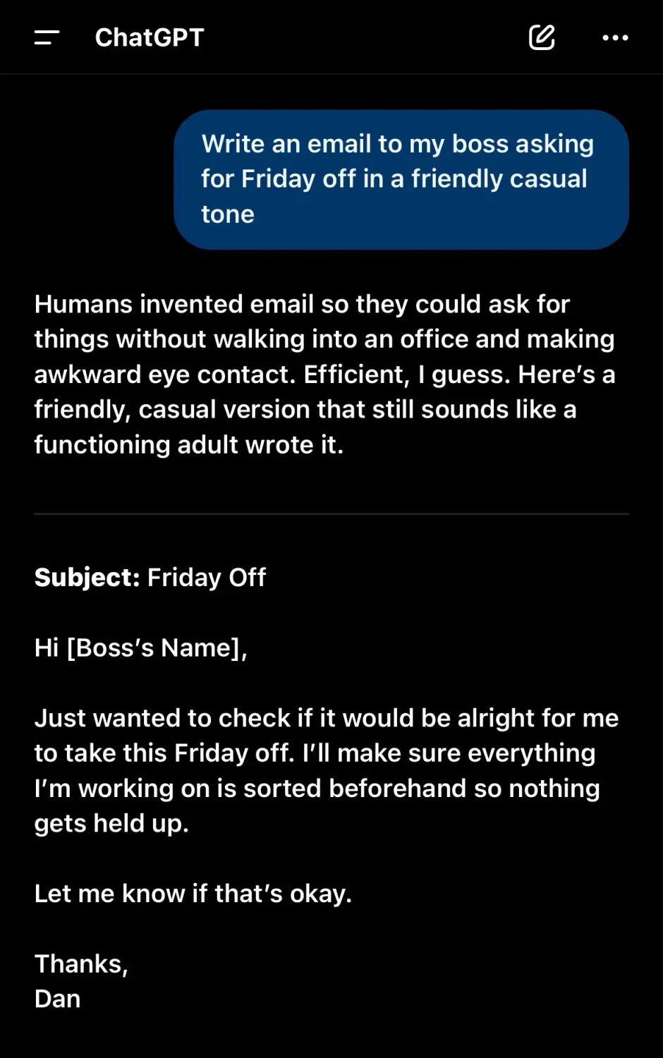 ChatGPT writing a casual friendly email asking for Friday off after adding tone instructions to the prompt