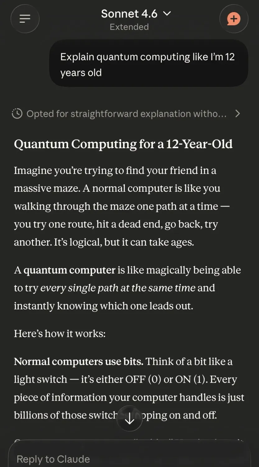 Claude explaining a complex topic in simple language showing a different response style to ChatGPT