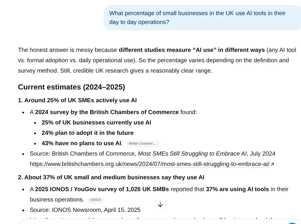 ChatGPT responding with a statistic and a cited source showing why checking AI references matters
